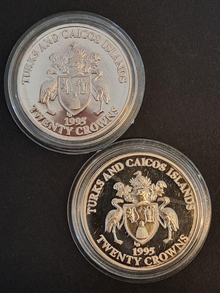 Turks and Gaicos Islands 2x 20 Crowns 1995 (999), Ophalen of Verzenden, Zilver