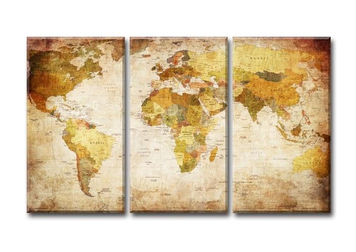 Nieuw * 3 Luik Canvas Schilderij Antiek Wereldkaart Landen *, Ophalen of Verzenden
