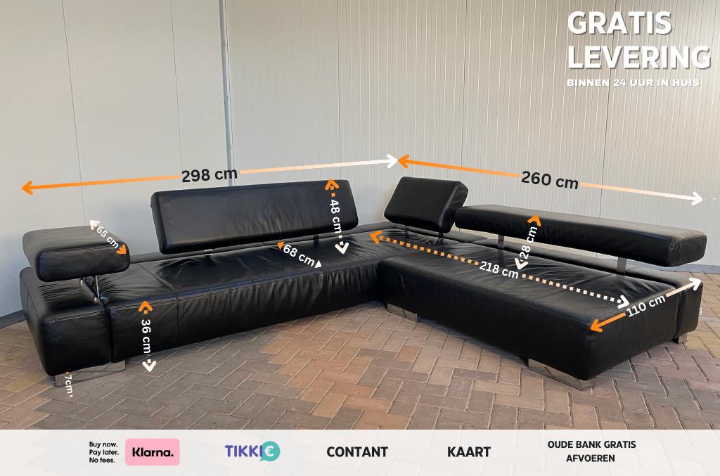 Bruhl Zwarte Design Hoekbank – Echt Leer – Gratis Levering, Huis en Inrichting, 250 tot 300 cm, Minder dan 75 cm, Hoekbank, Leer