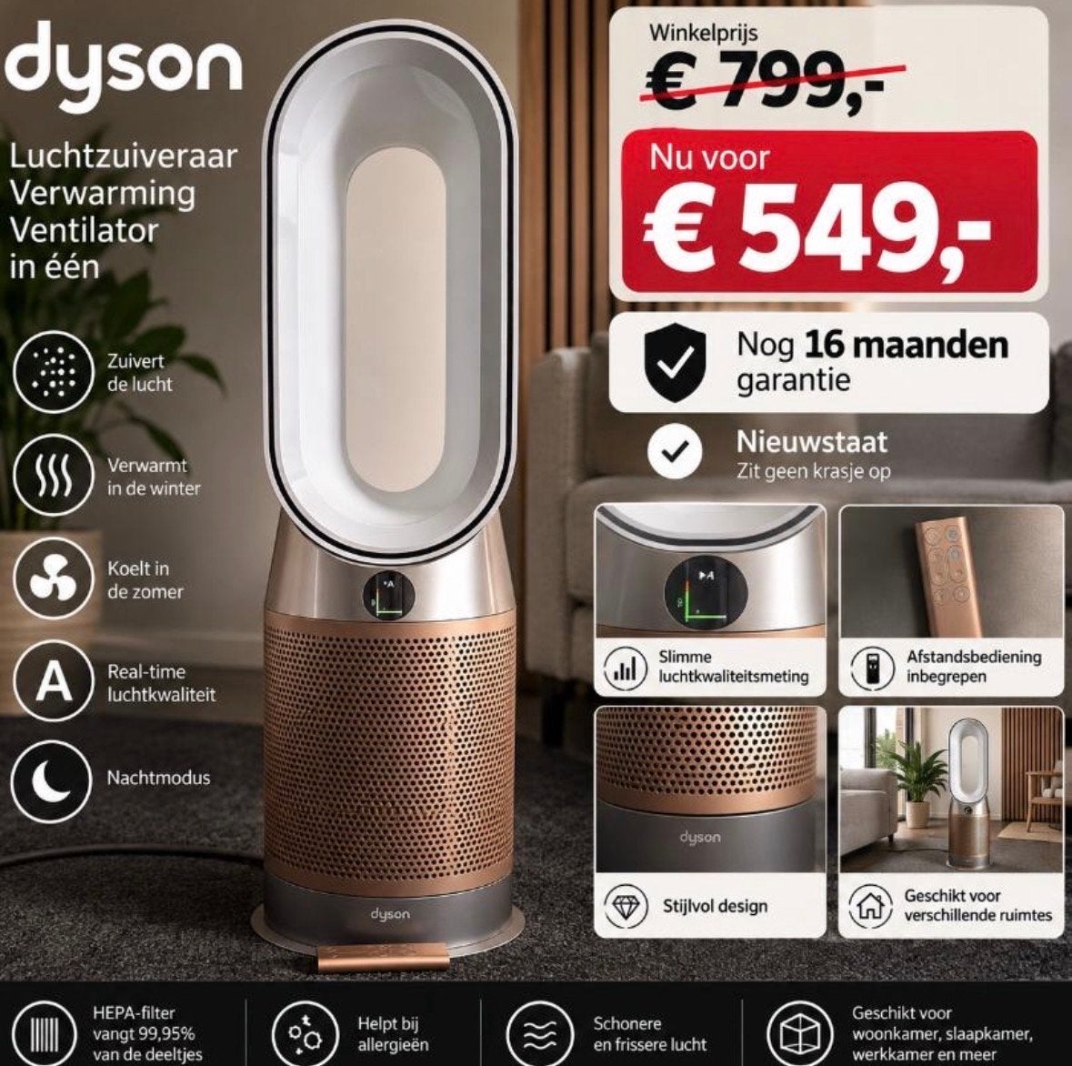 Dyson Hot+Cool luchtreiniger, ventilator en verwarming, Ophalen of Verzenden, Ventilator met afstandsbediening, Zo goed als nieuw