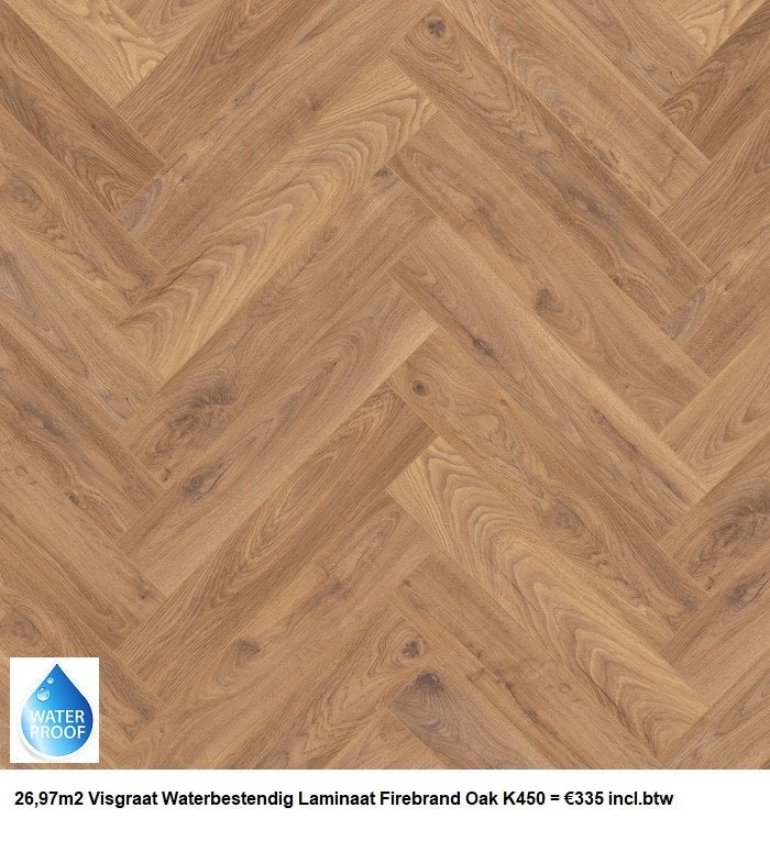 26,97m2 Visgraat Waterbestendig Laminaat Firebrand Oak =€335, Bruin, Waterbestendig visgraat laminaat natuur eiken, Nieuw, Ophalen of Verzenden