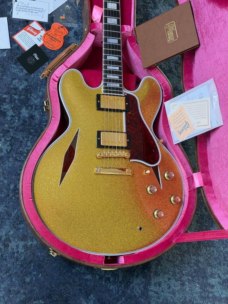 Gibson Custom Shop ES-355 1959 Reissue Gold Sparkle, Ophalen of Verzenden, Zo goed als nieuw, Solid body, Gibson