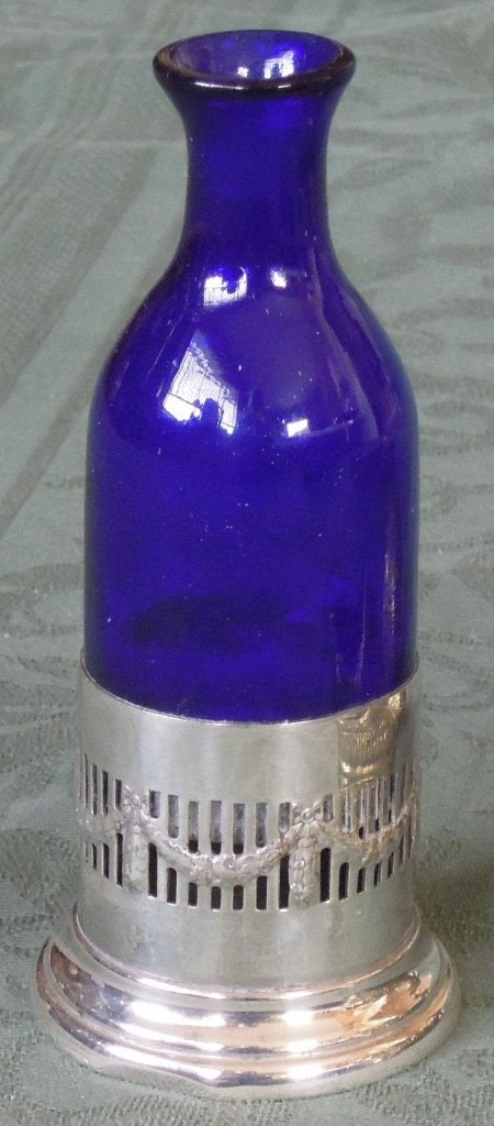 Nr H169: Verzilverde Gero houder met blauw flesje, Antiek en Kunst, Curiosa en Brocante, Ophalen of Verzenden