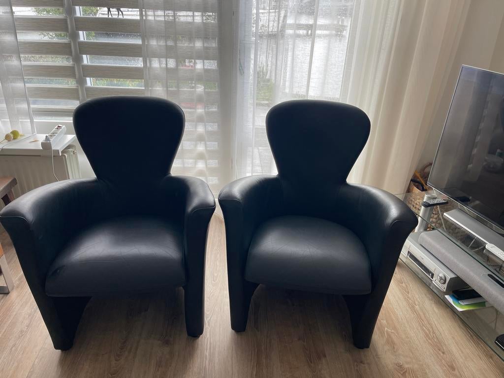 2 Leolux Amphora fauteuils zwart leer, Ophalen, Gebruikt, Leer, 75 tot 100 cm