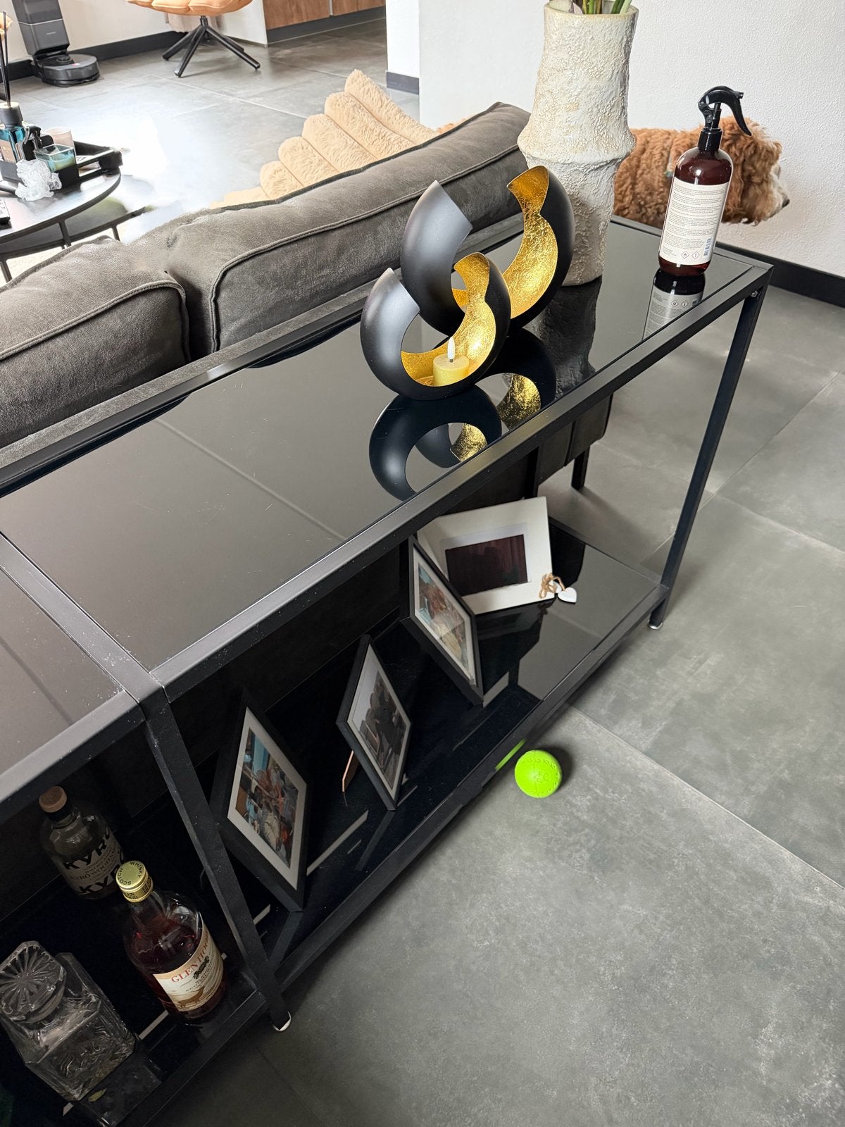Zwarte console tafel met glazen blad, Ophalen of Verzenden, Zo goed als nieuw