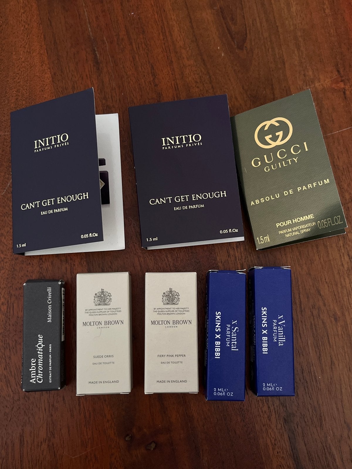 Parfum samples: Initio, Gucci, Molton Brown, Skins x Bibbi,, Ophalen of Verzenden, Gebruikt