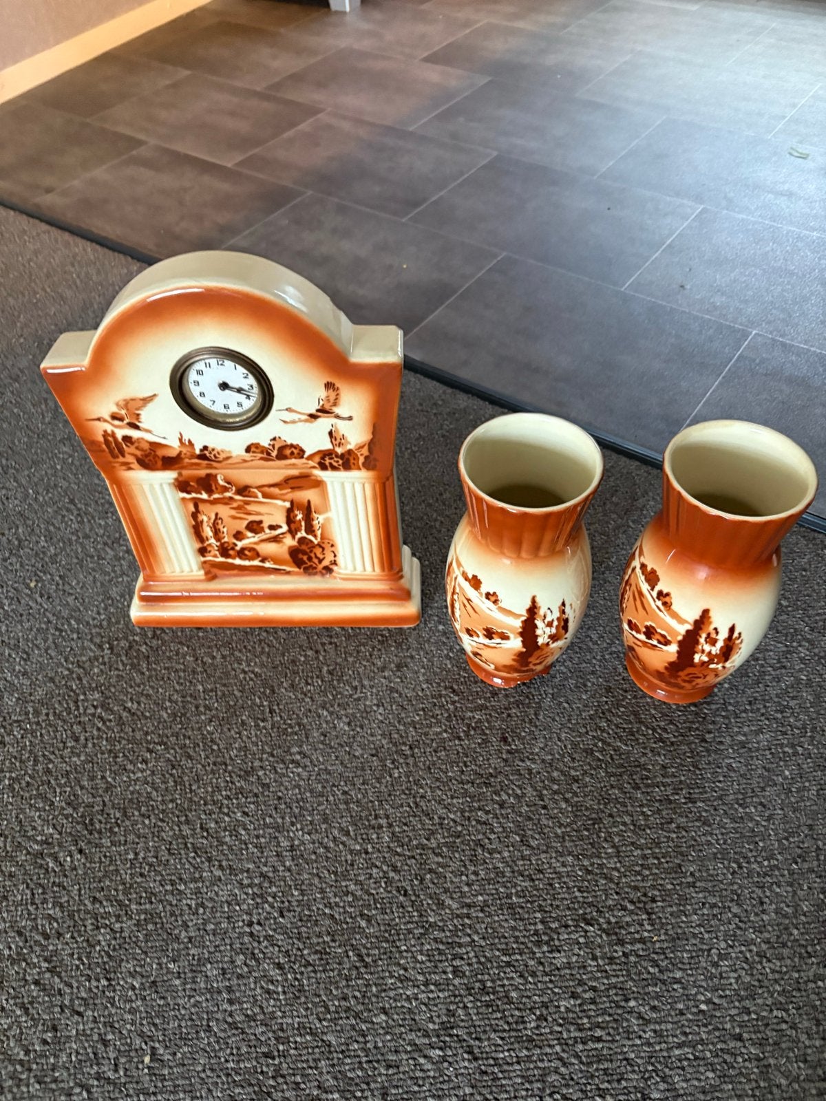 Vintage klok en vazen set - Oranje/crème decor, Antiek en Kunst, Ophalen