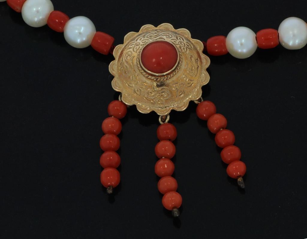 Bloedkoraal met parel ketting 14k slot goud en hanger retro, Verzenden, Goud, Ketting, Met edelsteen