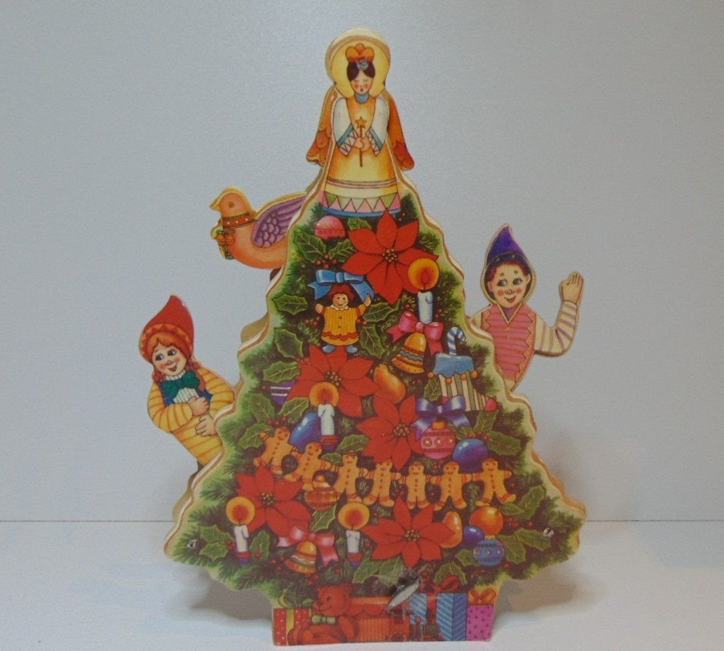 vintage houten muzikale en geanimeerde opwindbare kerstboom, Ophalen of Verzenden, Gebruikt