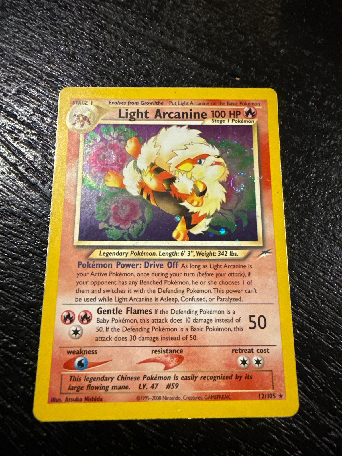 Pokémon TCG: Light Arcanine 12/105 (Neo Destiny) swirl !!!, Ophalen of Verzenden, Gebruikt, Losse kaart, Foil