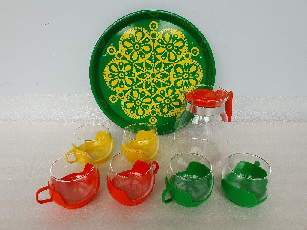 Vintage theeset: 6 kopjes + kan + dienblad (Germany), Verzamelen, Glas en Borrelglaasjes, Ophalen of Verzenden, Gebruikt, Overige typen