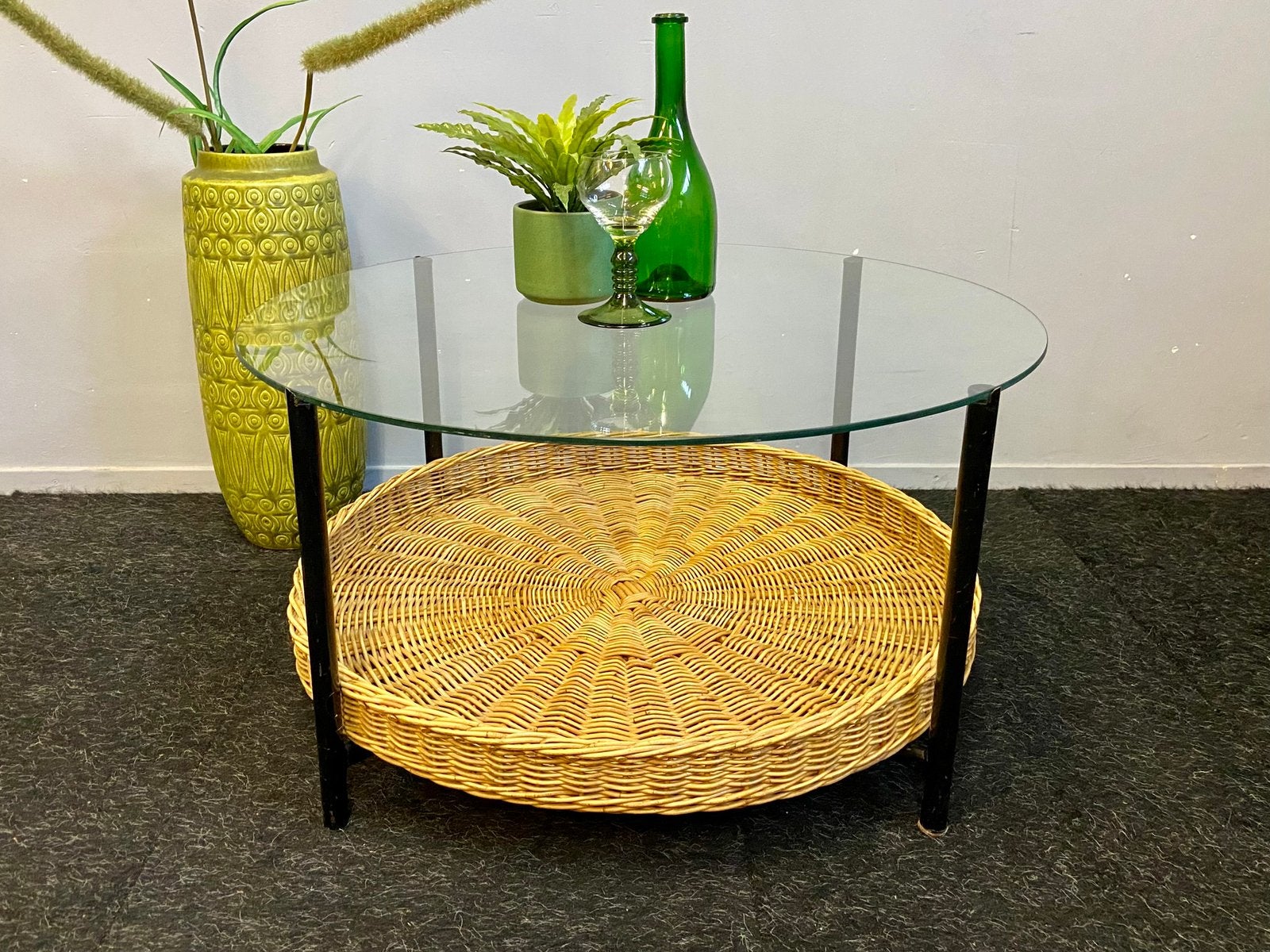 Vintage Design salontafel 75 cm retro rotan glas jaren 60/70, Huis en Inrichting, Tafels | Salontafels, Ophalen, 50 tot 100 cm