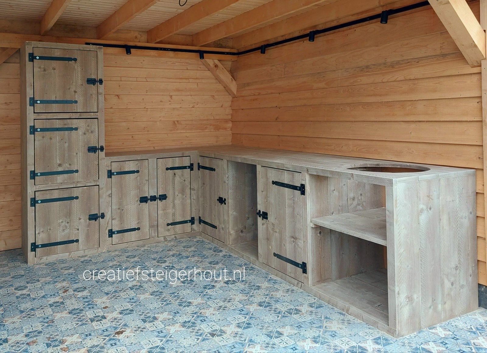 Buitenkeuken steigerhout l vorm kamado overkapping koelkast, Verzenden, Nieuw, Houtskool, Inbouw