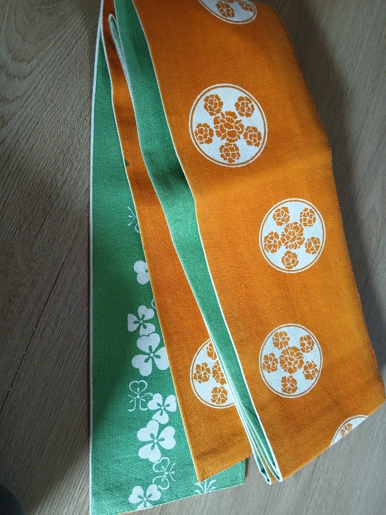 Traditionele Japanse obi hanhabaobi oranje groen, Ophalen of Verzenden