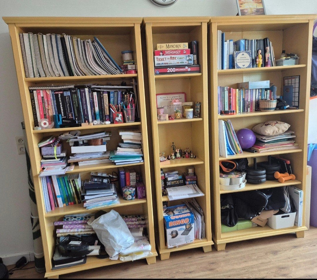 Set van 3 houten open kasten/boekenkasten, geel geverfd, Ophalen, Met plank(en), Gebruikt, 150 tot 200 cm