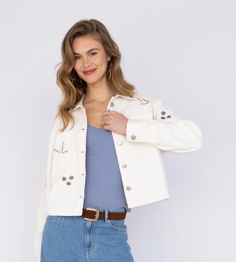 Anna Crèmekleurige Denim Jack met Kralen - Maat L, Kleding | Dames, Ophalen of Verzenden, Zo goed als nieuw, Maat 42/44 (L), Beige