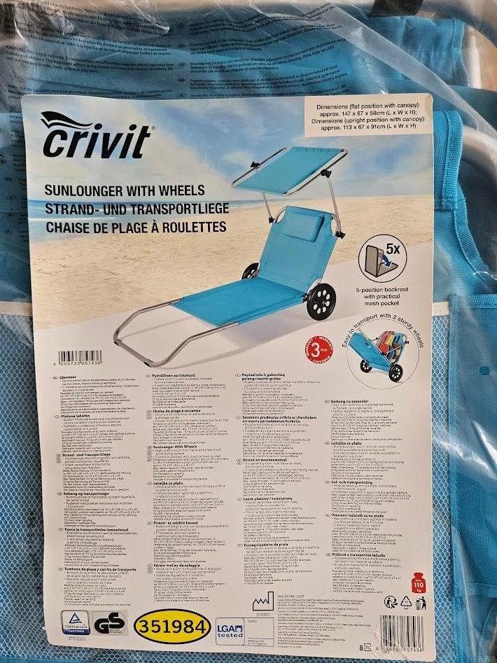 Crivit blauwe strandstoel met wielen en zonnescherm, Ophalen of Verzenden, Nieuw, Kunststof, Verstelbaar