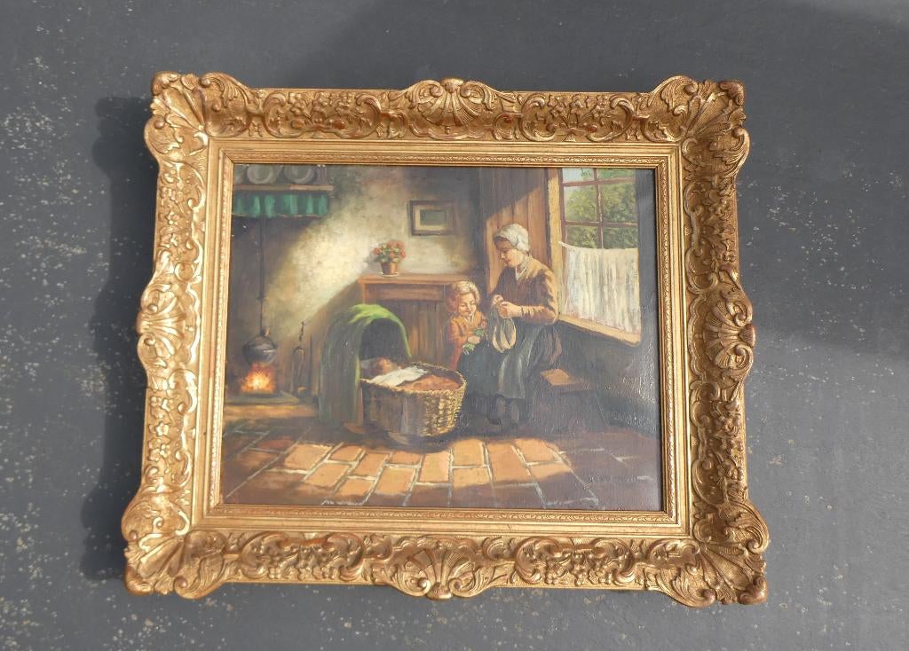 Olieverf schilderij boereninterieur, moeder met kinderen, Antiek en Kunst, Ophalen