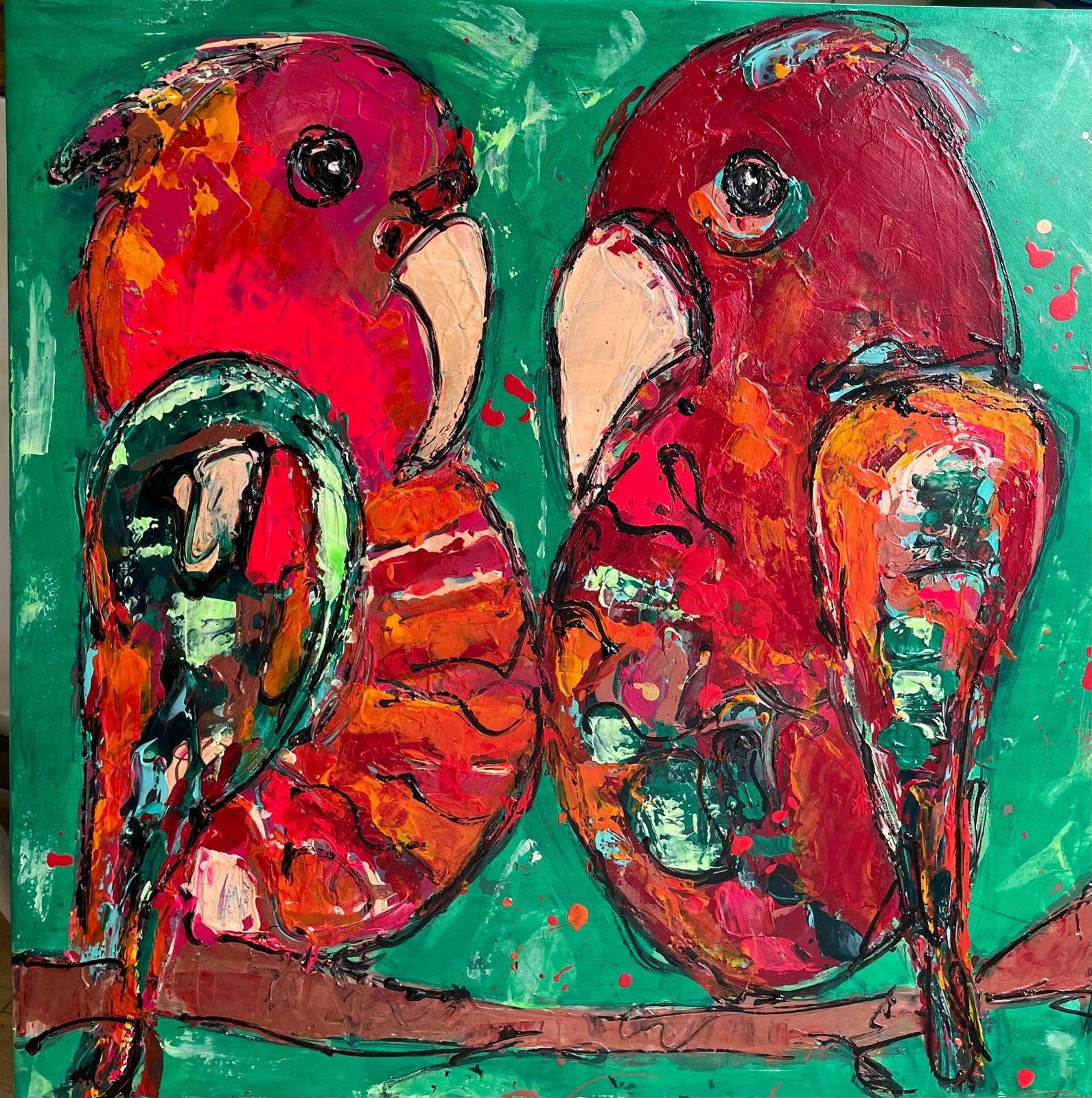 Kleurrijk Abstract Papegaaien Schilderij - CarinArt, Ophalen of Verzenden