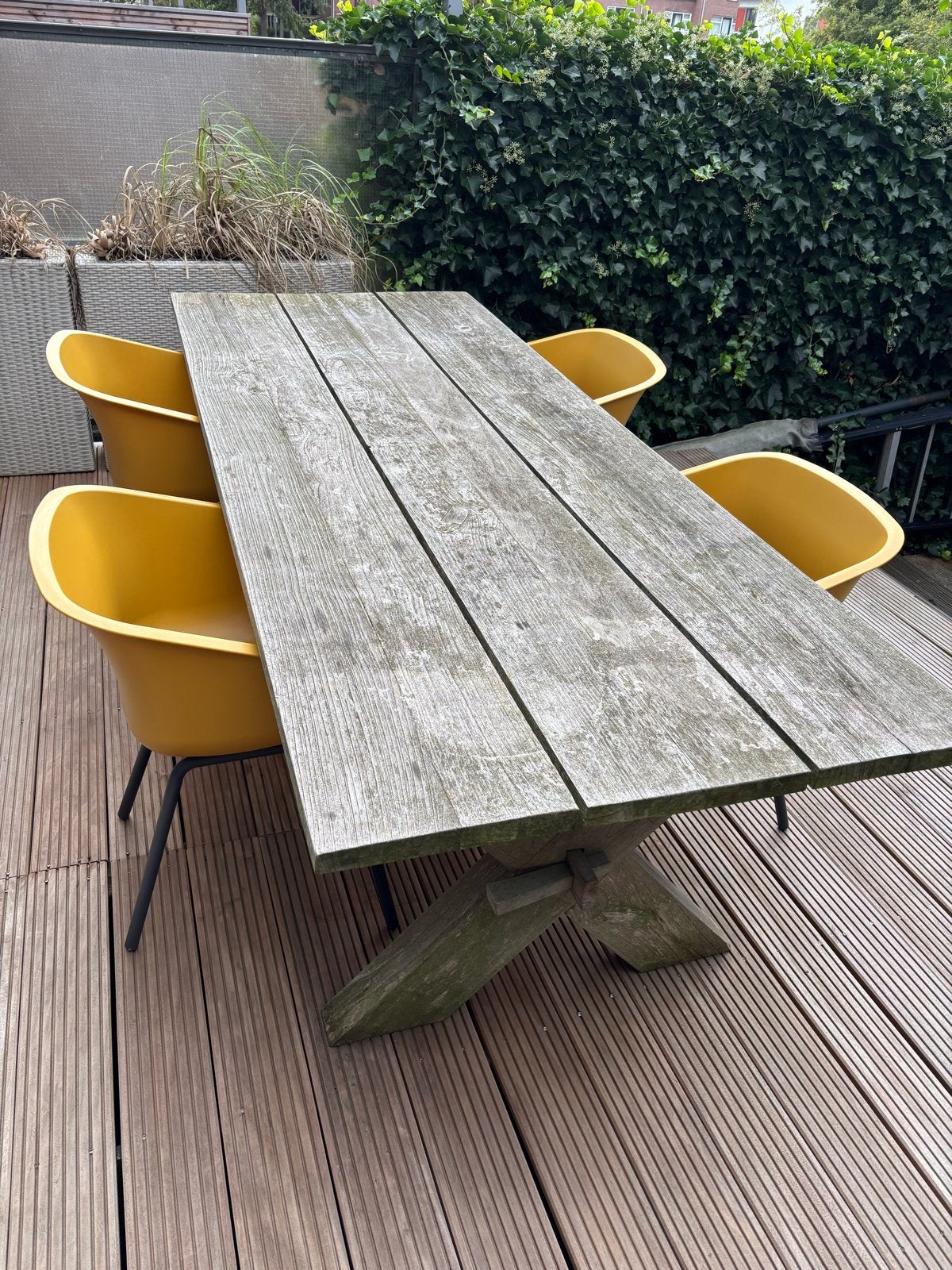 Tuinset: Houten tafel met 4 Hartman Sophie stoelen, Ophalen, 4 zitplaatsen, Gebruikt, Eettafel