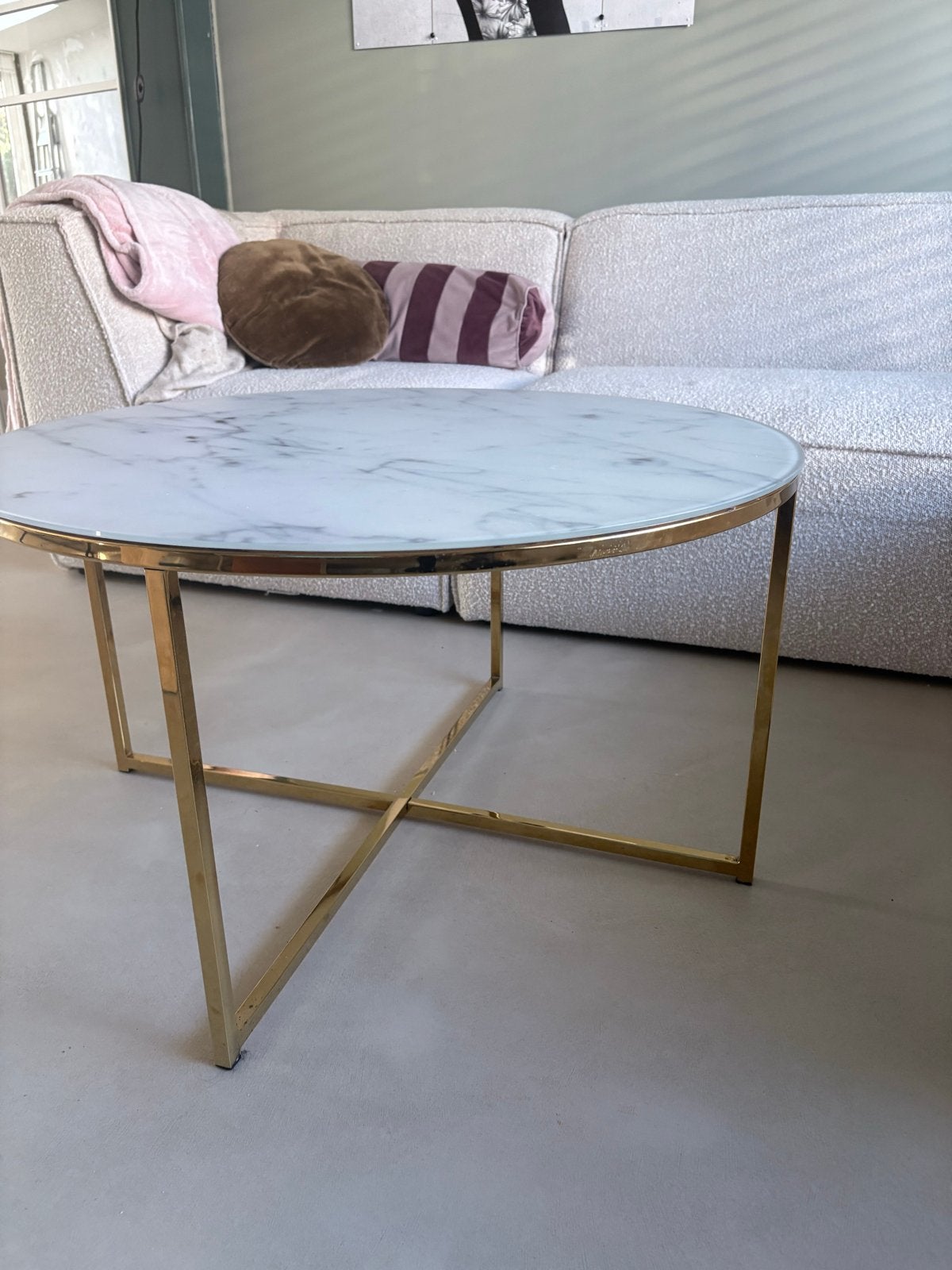 Salontafel rond marmerlook met goudkleurig onderstel, Ophalen, Gebruikt, Rond, 50 tot 100 cm