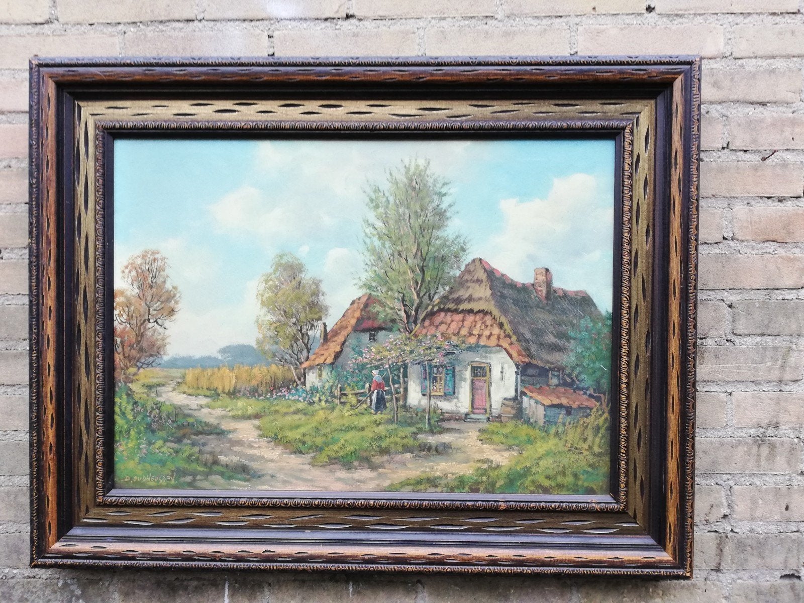 D. Oudheusden, Boerin bij hoeve. Olie/doek. *Zie tekst., Ophalen, Doek, Oud hollands, Olieverf