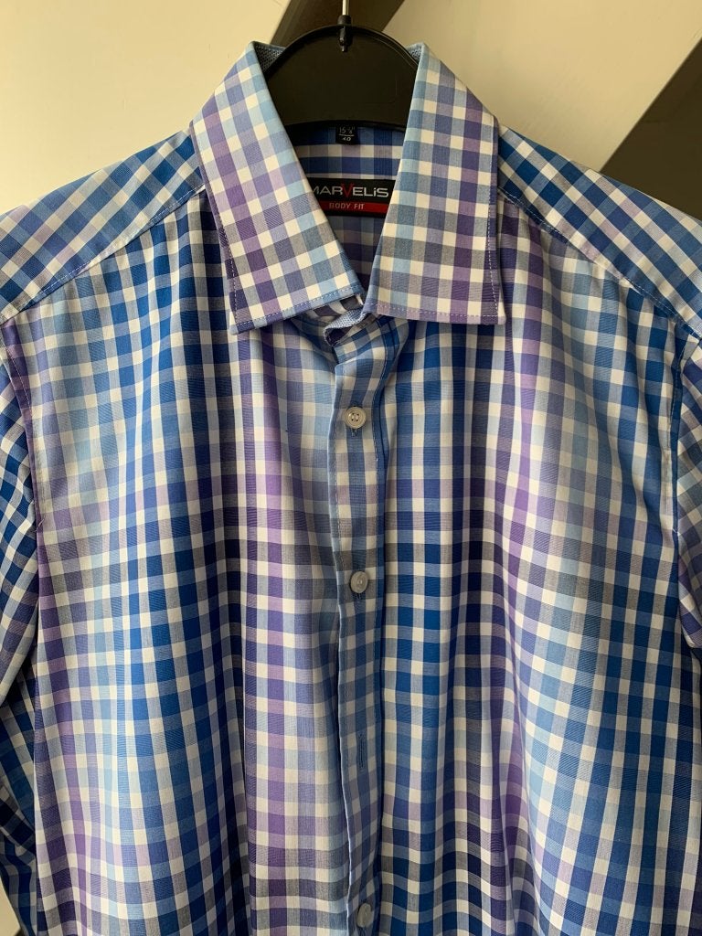 MARVELIS Overhemd M40 blauw wit paars geruit, Kleding | Heren, Ophalen of Verzenden, Zo goed als nieuw, Blauw, Marvelis