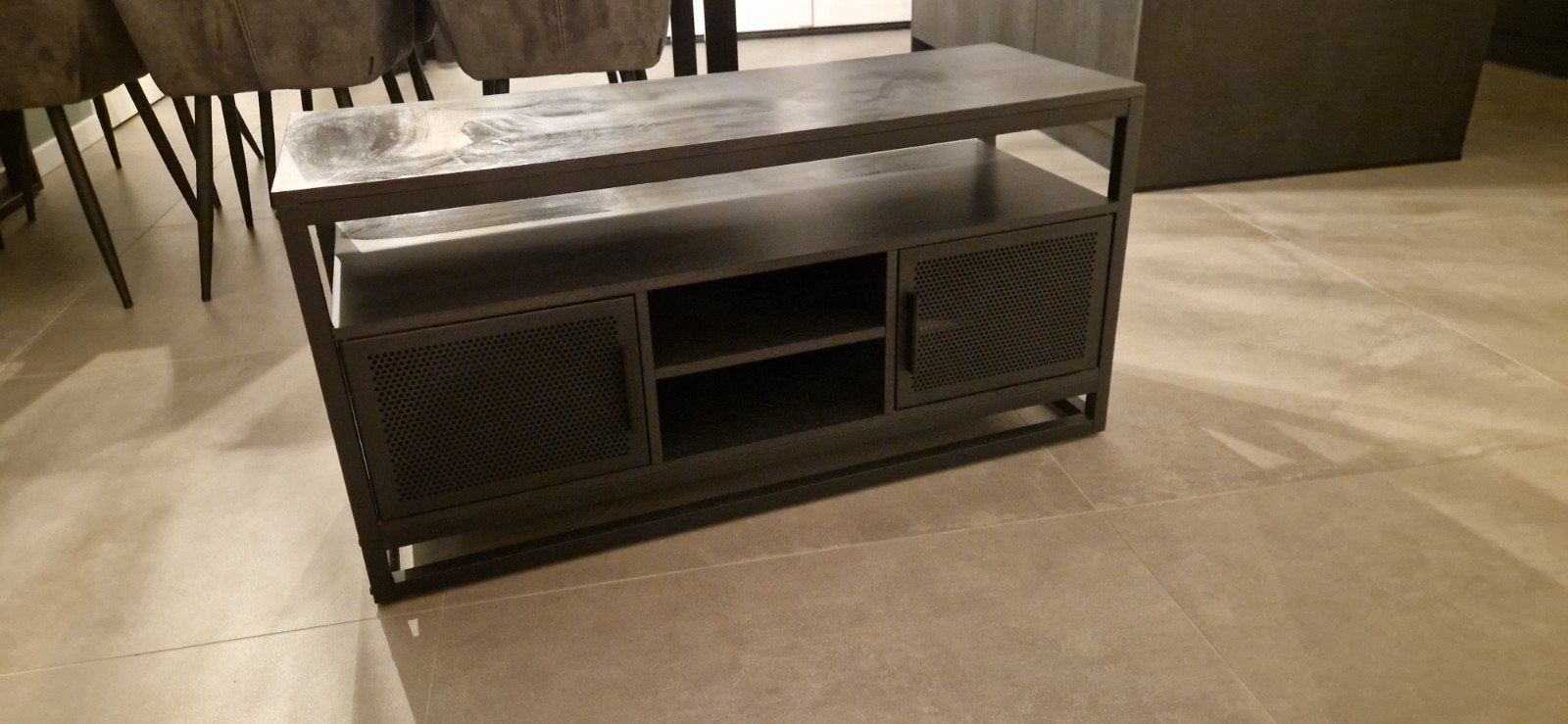tv meubel zwart hout/ijzer industrieel, Ophalen, 100 tot 150 cm, Minder dan 100 cm, Industrieel