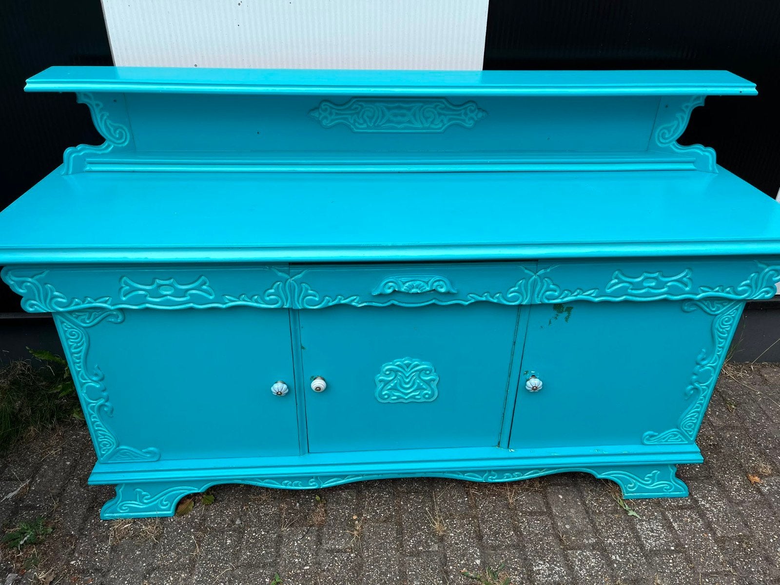 Antiek turquoise dressoir met opzetstuk, Ophalen