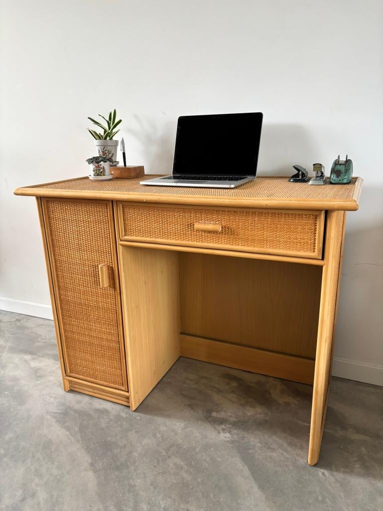 Vintage rotan bureau met lade en kastje, Huis en Inrichting, Bureaus, Ophalen, Gebruikt