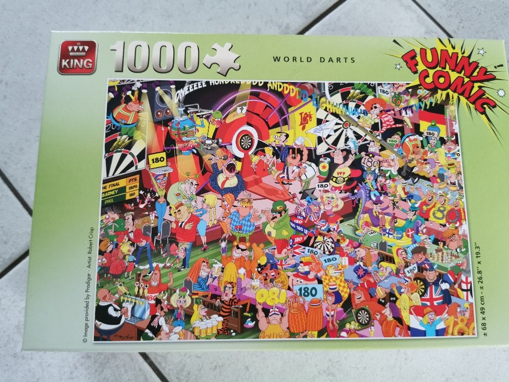 Funny comic boston world darts puzzel – king – 1000 stukjes, Ophalen of Verzenden, 500 t/m 1500 stukjes, Zo goed als nieuw