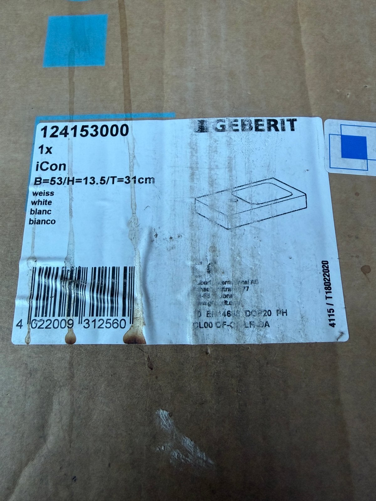 Geberit iCon Wastafel 53x31cm Wit - Nieuw in doos, Doe-het-zelf en Verbouw, Sanitair, Ophalen of Verzenden, Nieuw, Wastafel