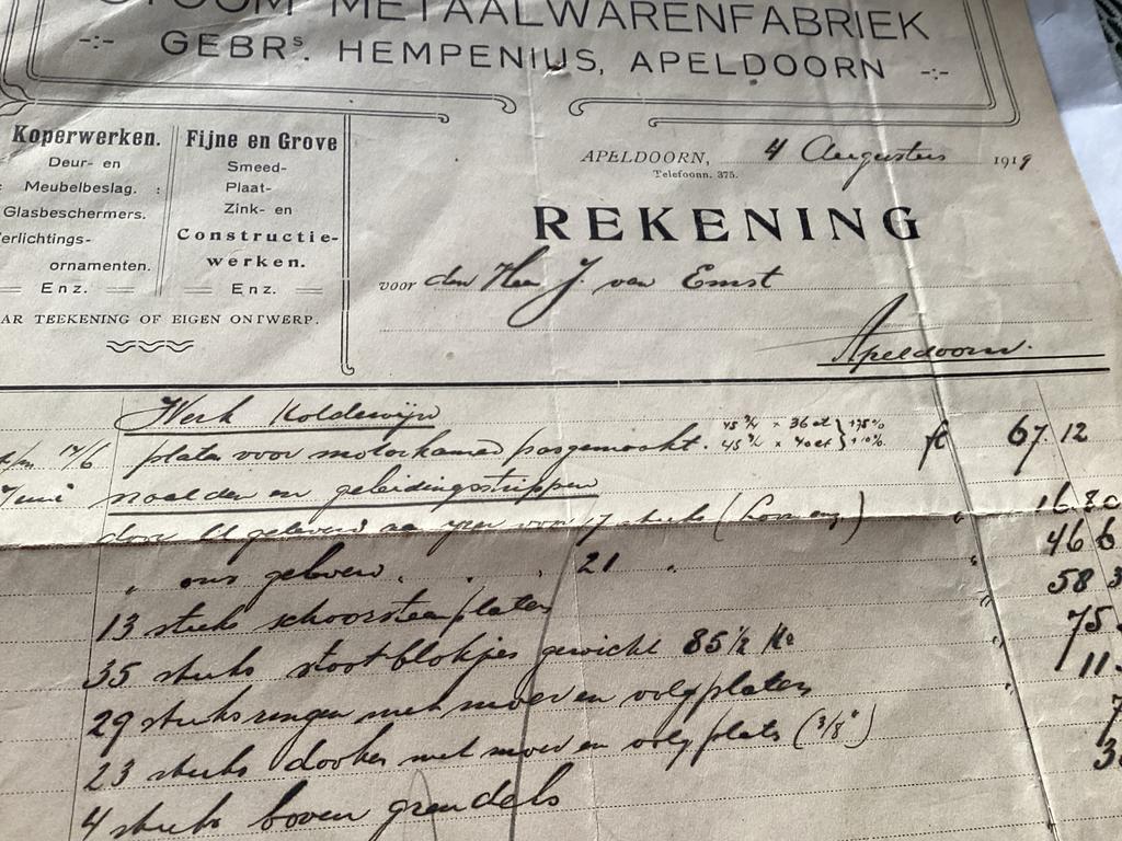 Oude Rekening Metaalwarenfabriek Gebr. Hempenius 1919, Ophalen of Verzenden