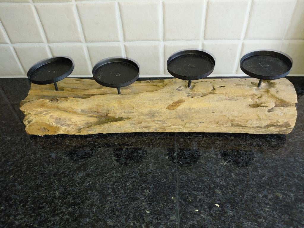 Unieke houten kandelaar voor 4 kaarsen, Gebruikt, Bruin, Ophalen of Verzenden, Hout