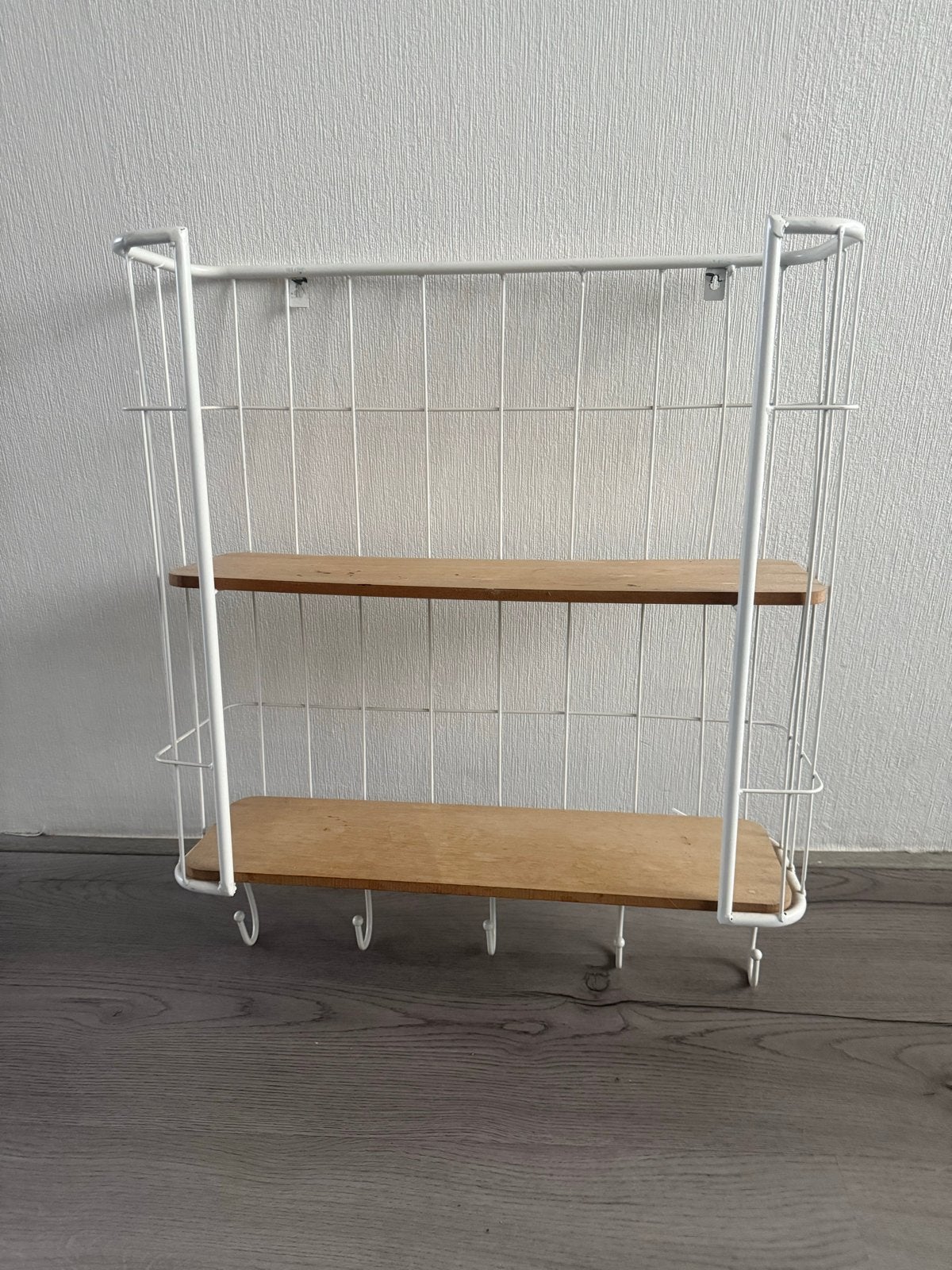 Wandrek met 2 planken en haken - Wit metaal/hout, Huis en Inrichting, Ophalen, Gebruikt
