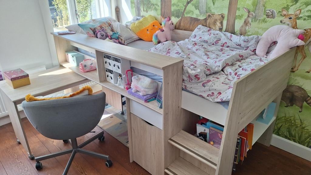 Halfhoogslaper met bureau op wielen en extra opbergruimte, Ophalen, Gebruikt, Halfhoogslaper