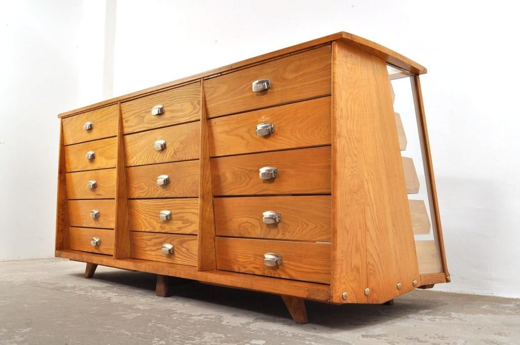 Vintage art deco eiken winkelvitrine toonbank jaren 30, Gebruikt, 75 cm of meer, Ophalen of Verzenden, 200 cm of meer