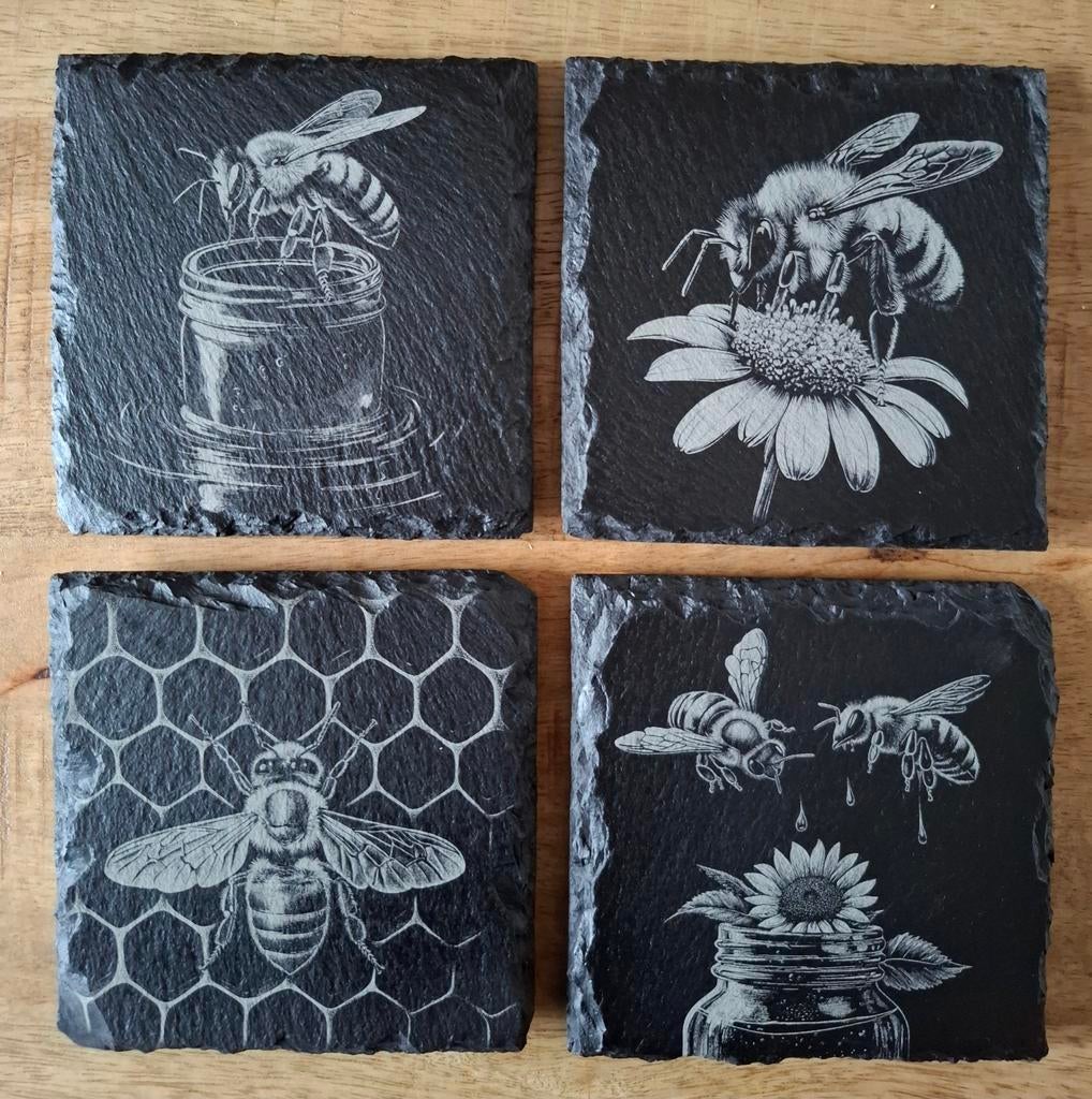 Leisteen onderzetters met bijen design (set van 4), Ophalen of Verzenden, Nieuw, Glas of Kopje