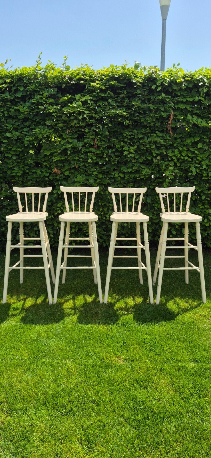 Set van 4 crèmekleurige houten barkrukken, Gebruikt, Ophalen of Verzenden, 90 cm of meer, 4 krukken