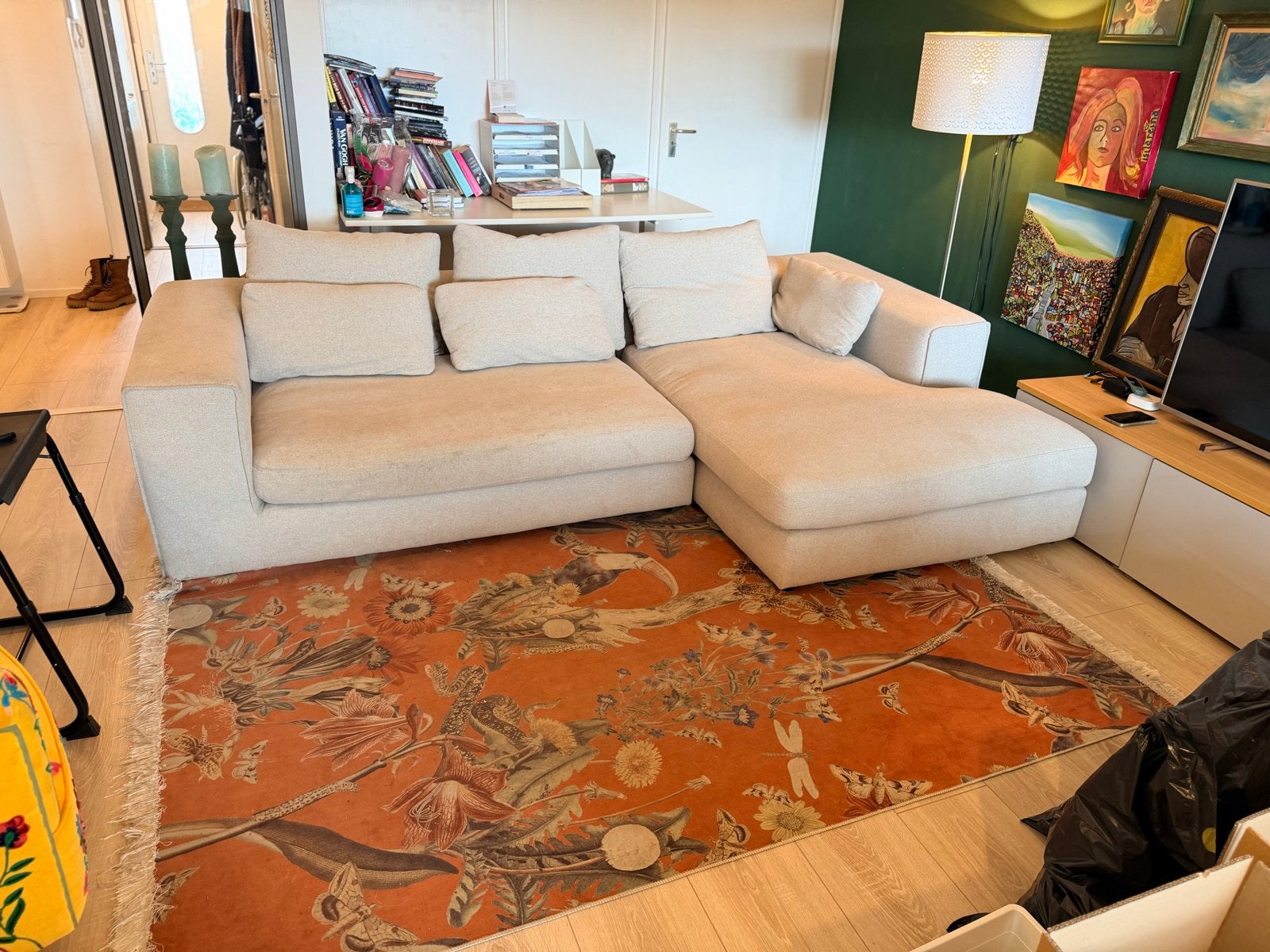Hoekbank met tweezitter + chaise longue - z.g.a.n., Huis en Inrichting, Banken | Bankstellen, Ophalen, 250 tot 300 cm, 125 tot 150 cm