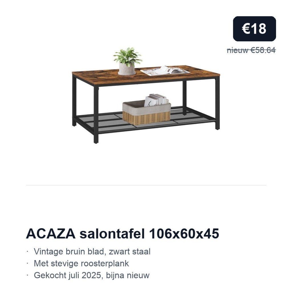 ACAZA salontafel 106x60 industrieel | nieuw €58,64, nu €18, Ophalen, Gebruikt, 50 tot 100 cm, Vierkant