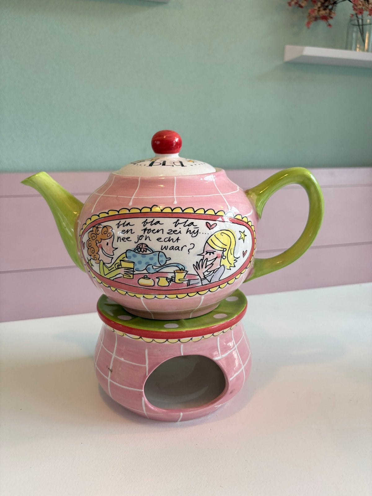 Blond Amsterdam Theepot met theelichtje - 'Bla Bla', Zo goed als nieuw, Steen/keramiek, Meerkleurig, Ophalen