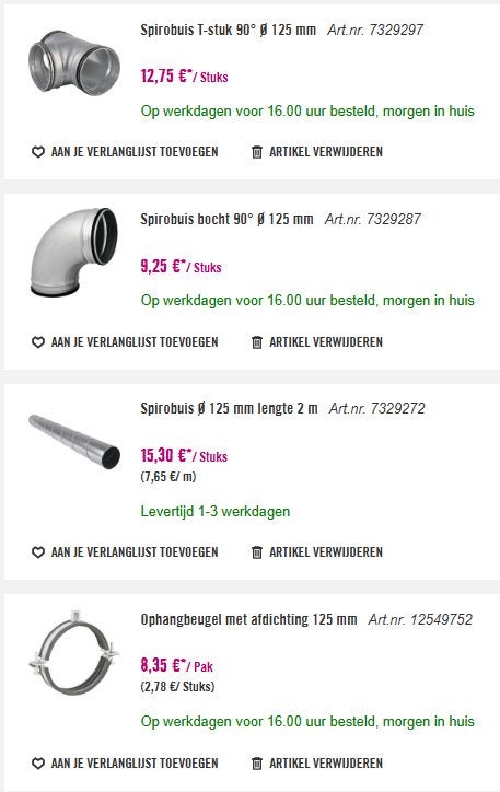 10 meter spirobuis 125mm incl appendages, Ophalen, Gebruikt, Ventilator en Afzuiger