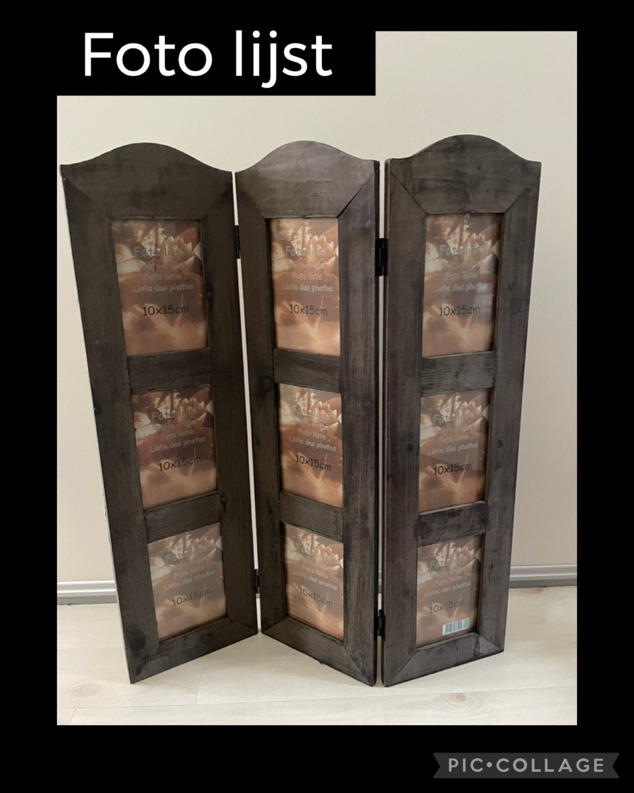 Houten fotolijst drieluik voor 6 foto's (10x15cm), Huis en Inrichting, Bruin, Gebruikt, Met glas, Hout