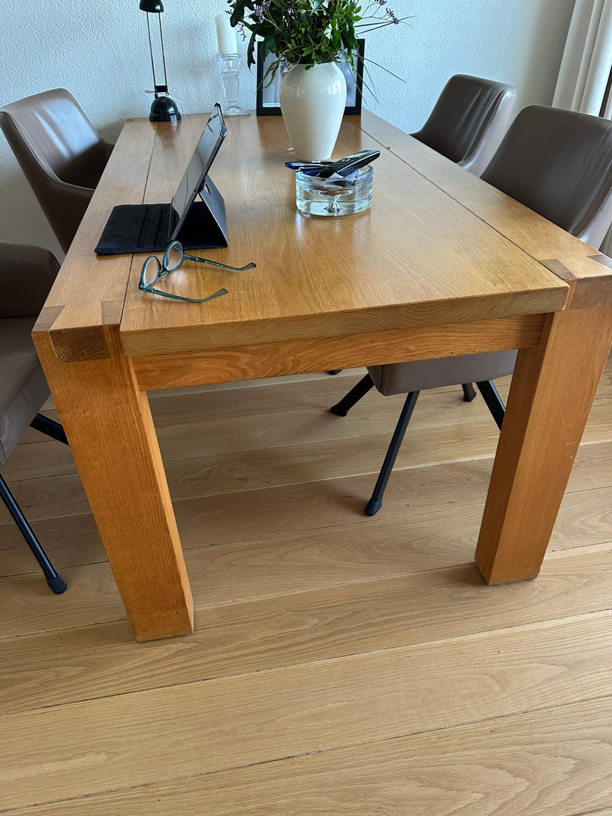 Zeer robuuste Eiken houten tafel 180 b x 90 d x 75 h, Ophalen, 50 tot 100 cm, Zo goed als nieuw, 150 tot 200 cm
