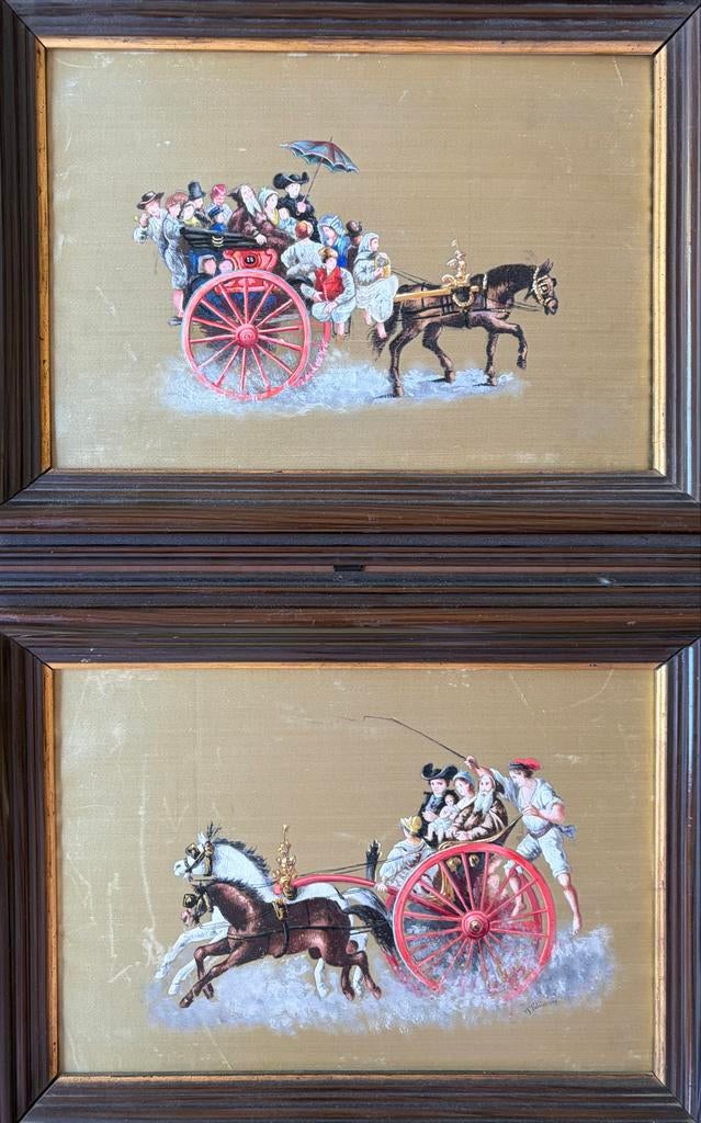 Set van 2 Antieke Koets Schilderijen, Antiek en Kunst, Kunst | Schilderijen | Klassiek, Ophalen of Verzenden