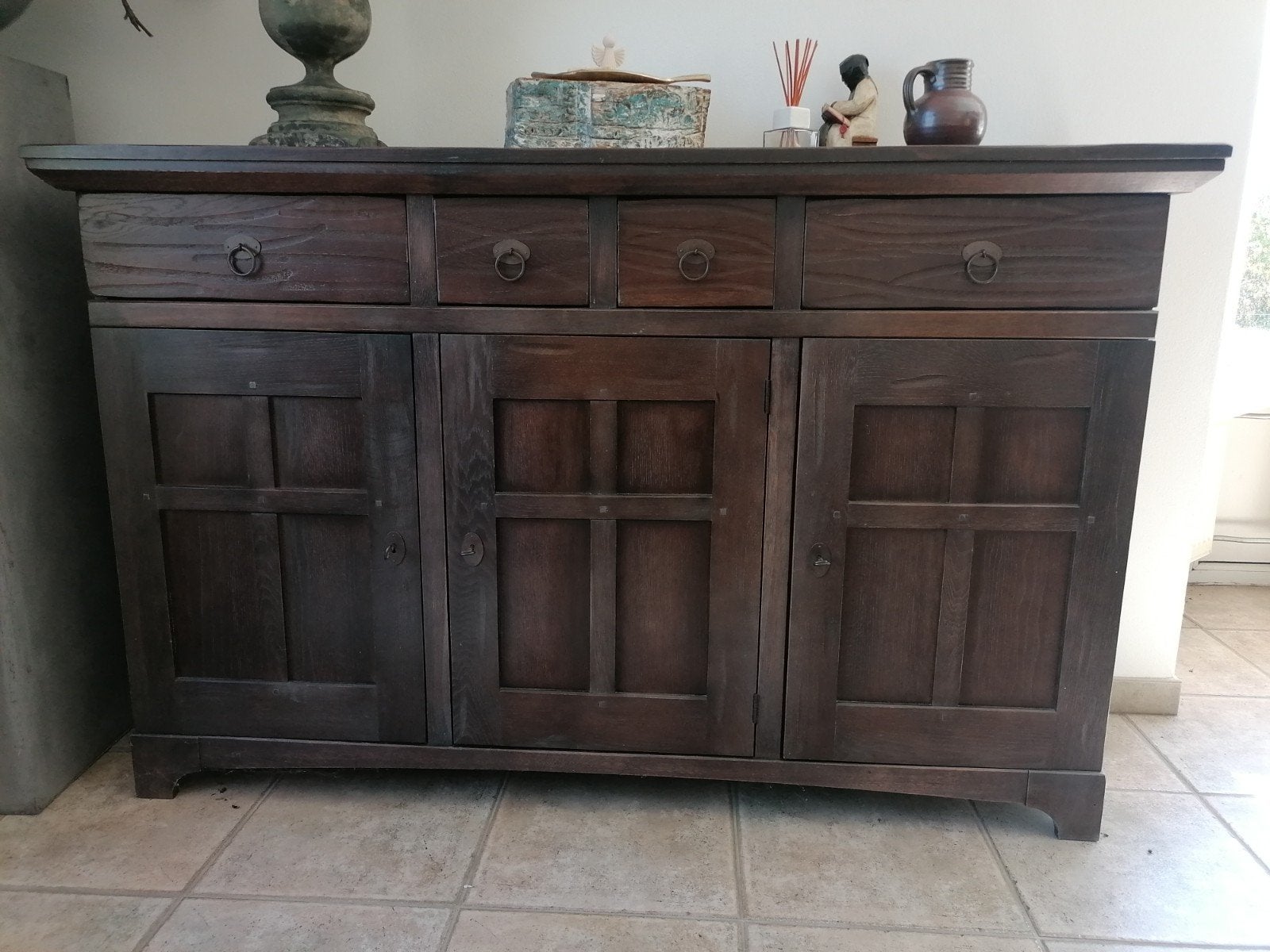 Robuust teak houten dressoir met lades en deuren, Ophalen, Gebruikt, Met lade(s), 150 tot 200 cm