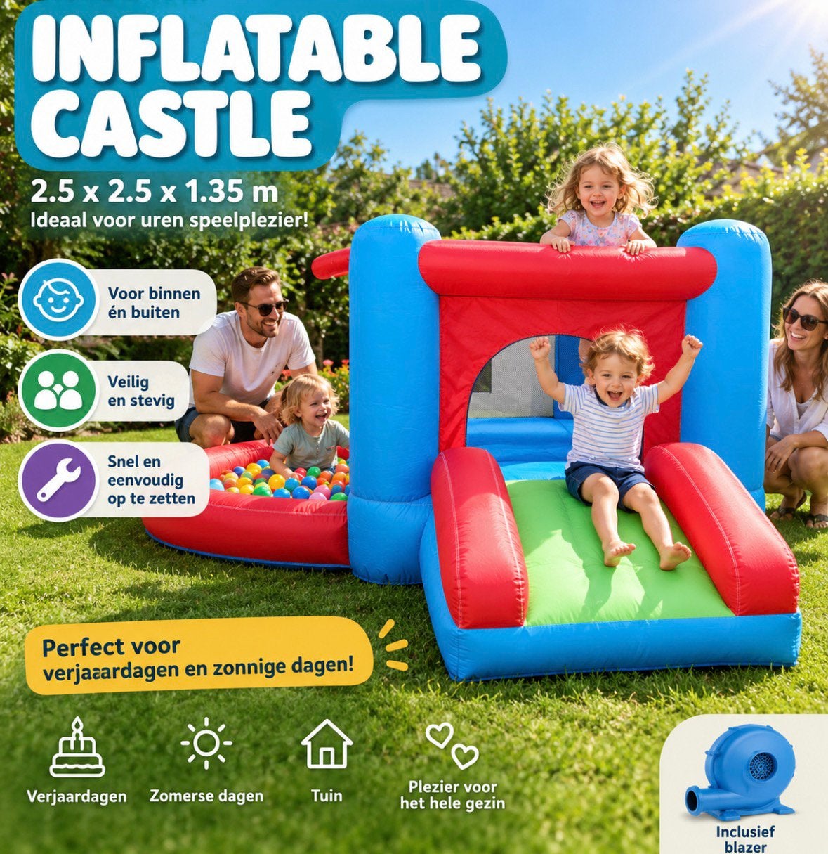 Te huur: Compact springkussen incl blower, Kinderen en Baby's, Speelgoed | Buiten | Springkussens, Ophalen, Zo goed als nieuw