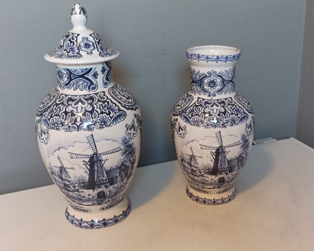 Delfts Blauw Vazen Set - Windmolen Decor, Antiek en Kunst, Antiek | Keramiek en Aardewerk, Ophalen