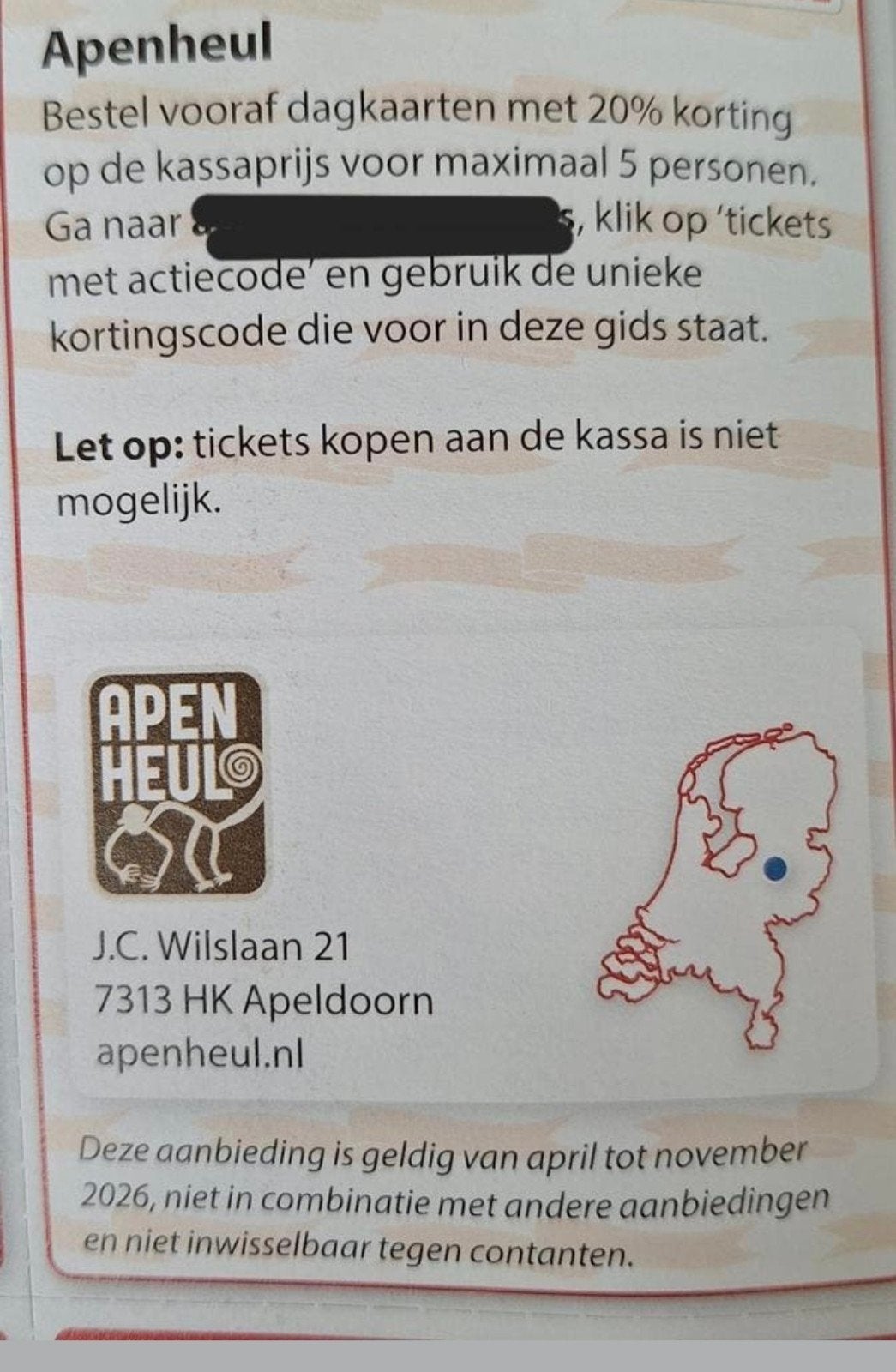 Apenheul 20% korting. Online code, Tickets en Kaartjes, Recreatie | Dierentuinen, Drie personen of meer, Kortingskaart